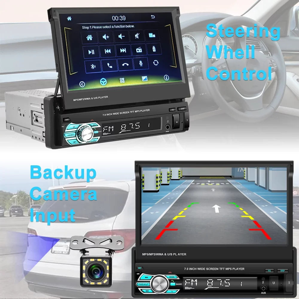 Player LED Backup Camera Retractable 1 Universal Touchscreen 12 Link Single Car Video DIN with Stereo Auto Apple FM Podofo Mirror Function, Carplay Bluetooth Radio Android HD Auto 7"