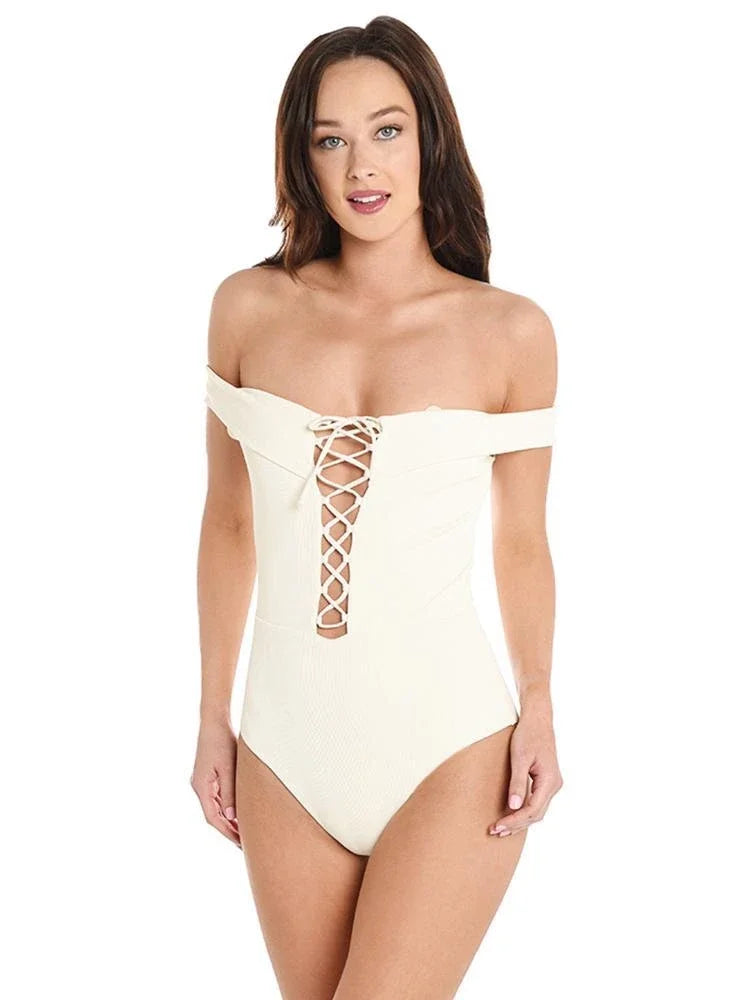 One Anja CREAM 6 Bandeau Piece L*Space Swimsuit, Lace-Up US