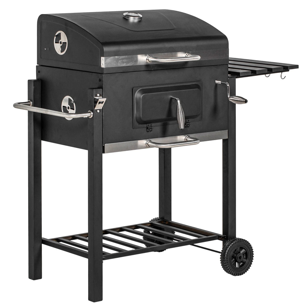 Portable Side Homiyad Camping Shelf, Cooker and for Picnic Storage Wheels Outdoor Backyard Or with Charcoal Table, BBQ Grill, Black Handle, Bottom