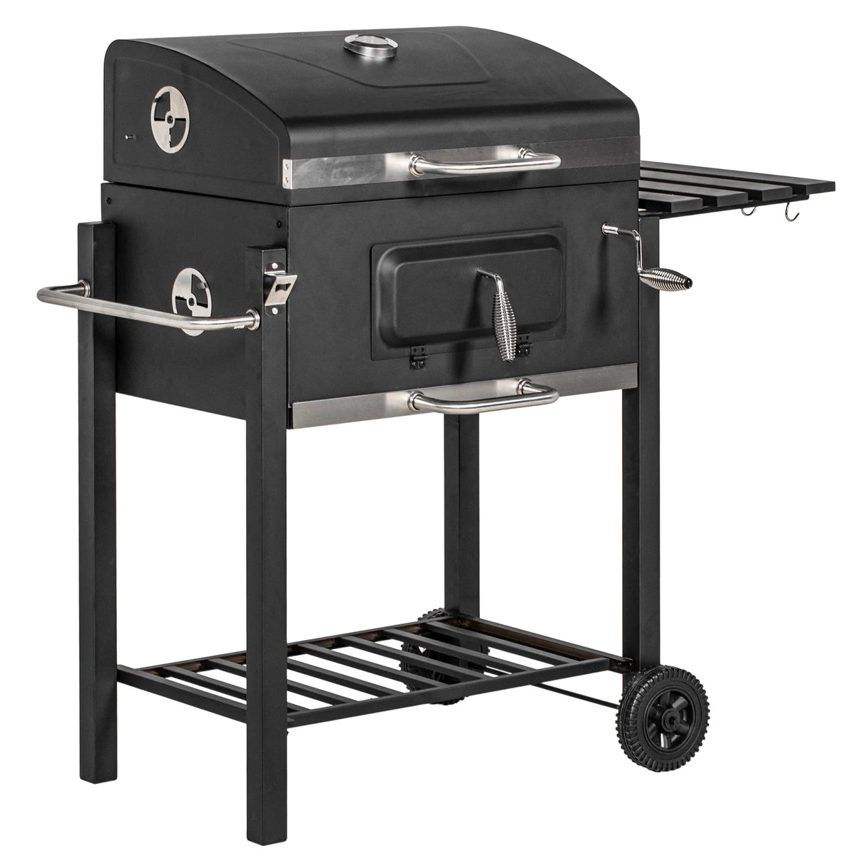 Portable Side Homiyad Camping Shelf, Cooker and for Picnic Storage Wheels Outdoor Backyard Or with Charcoal Table, BBQ Grill, Black Handle, Bottom